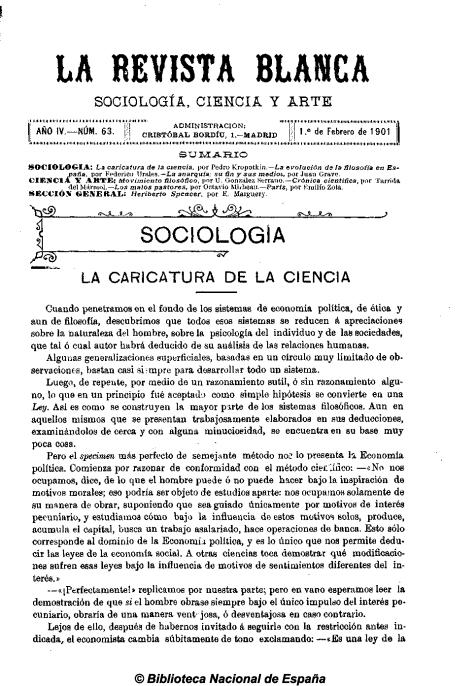 La Revista Blanca nº 63 AÑO III, 1-2-1901
