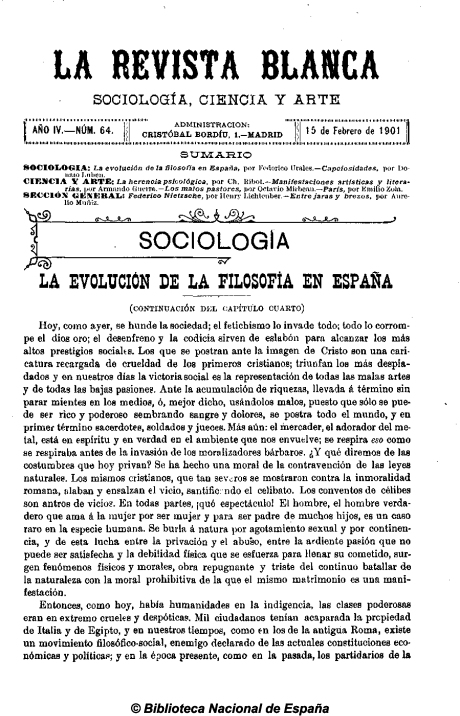 La Revista Blanca nº 64, AÑO III 15-2-1901 PORTADA